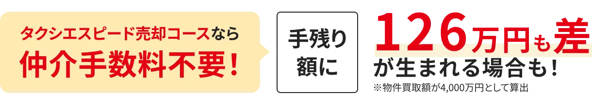 タクシエスピード売却コースなら仲介手数料不要！ 手残り額に126万円も差が生まれる場合も！（物件買取額が4,000万円として算出）