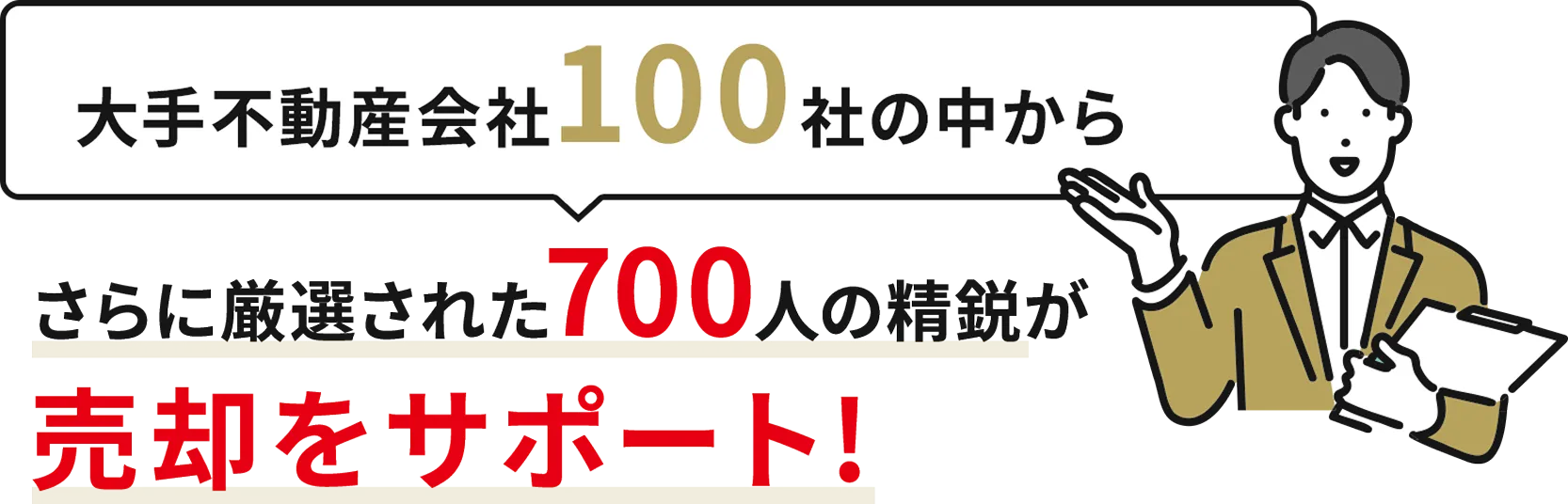 大手不動産会社100社の中からさらに厳選された700人の精鋭が売却をサポート！