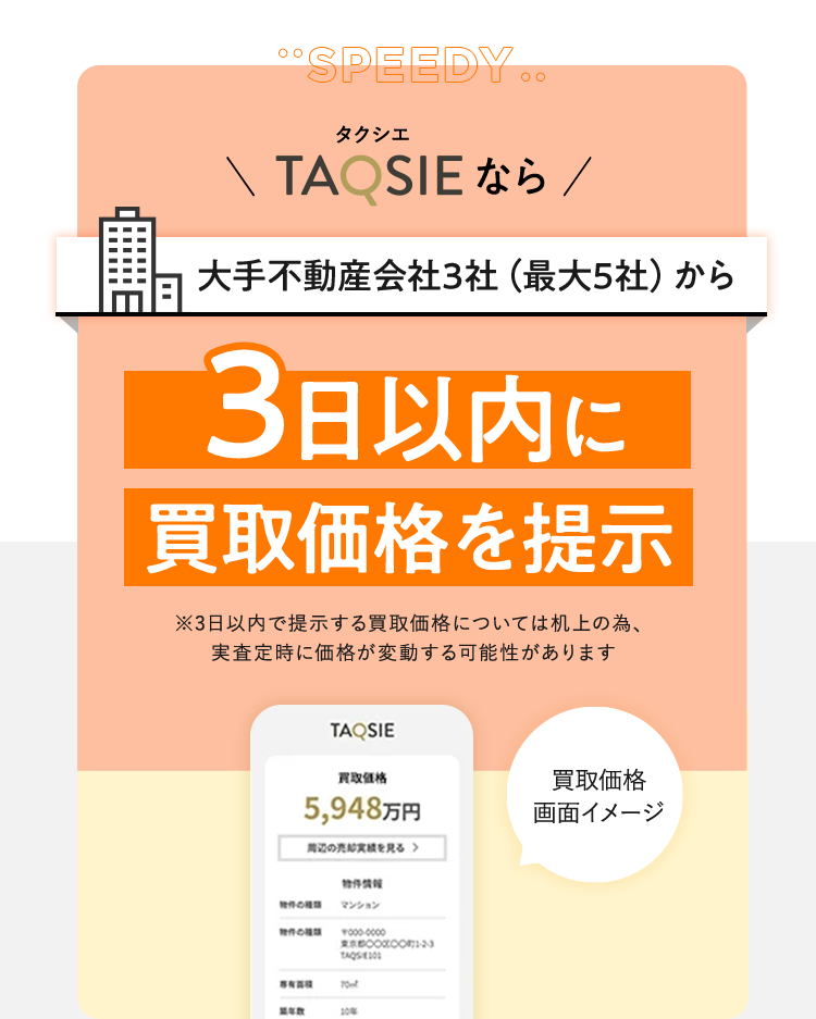 ＼タクシエなら／大手不動産会社3社（最大5社）から3日以内に買取価格を提示