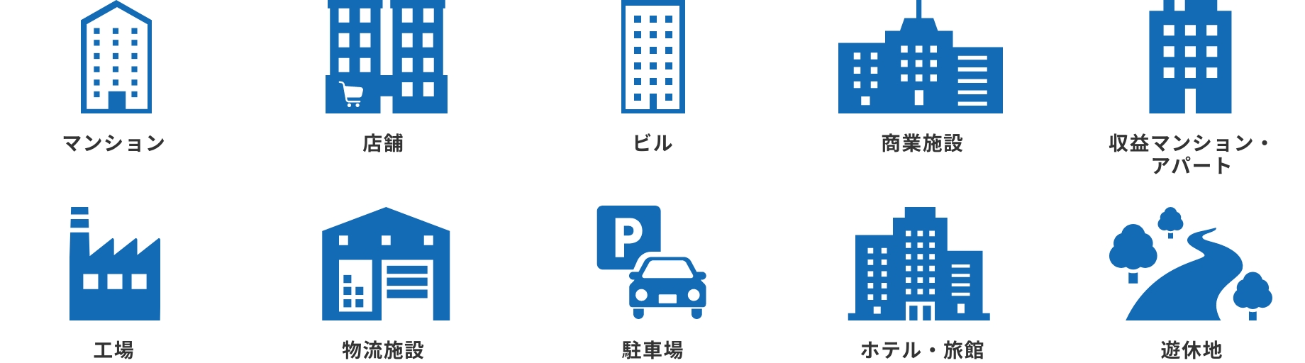 マンション、店舗、ビル、商業施設、収益マンション・アパート、工場、物流施設、駐車場、ホテル・旅館、遊休地